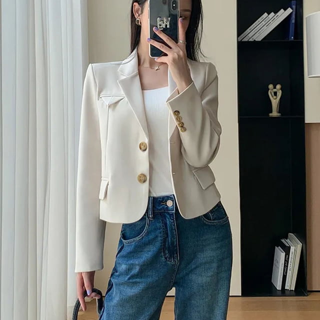 DanceeMangoo Womens Cropped Jacket Spring High Quality Long Sleeve Office  Blazers Ladies Korean Style Beige Casual Suit Coat 