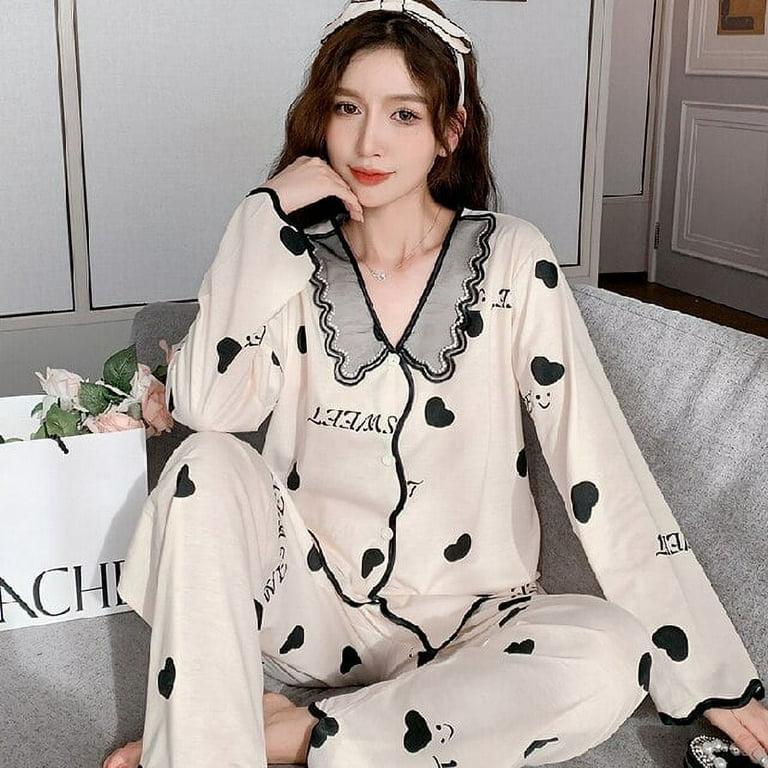 DanceeMangoo Womens Pajama Set Autumn Winter Lace Cotton Sleepwear