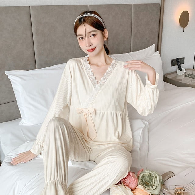 DanceeMangoo Womens Pajama Set Spring Autumn Lace Sleepwear Shirt