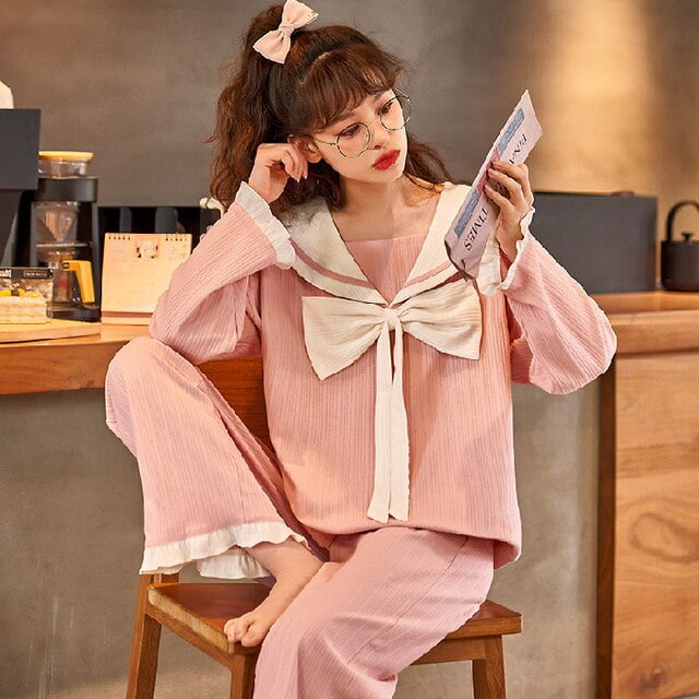 DanceeMangoo Womens Pajama Sets Autumn Winter Women Pajamas Set Simple  Sleepwear Long Sleeve Cotton Pajamas Lady Top Pant Leisure Outwear