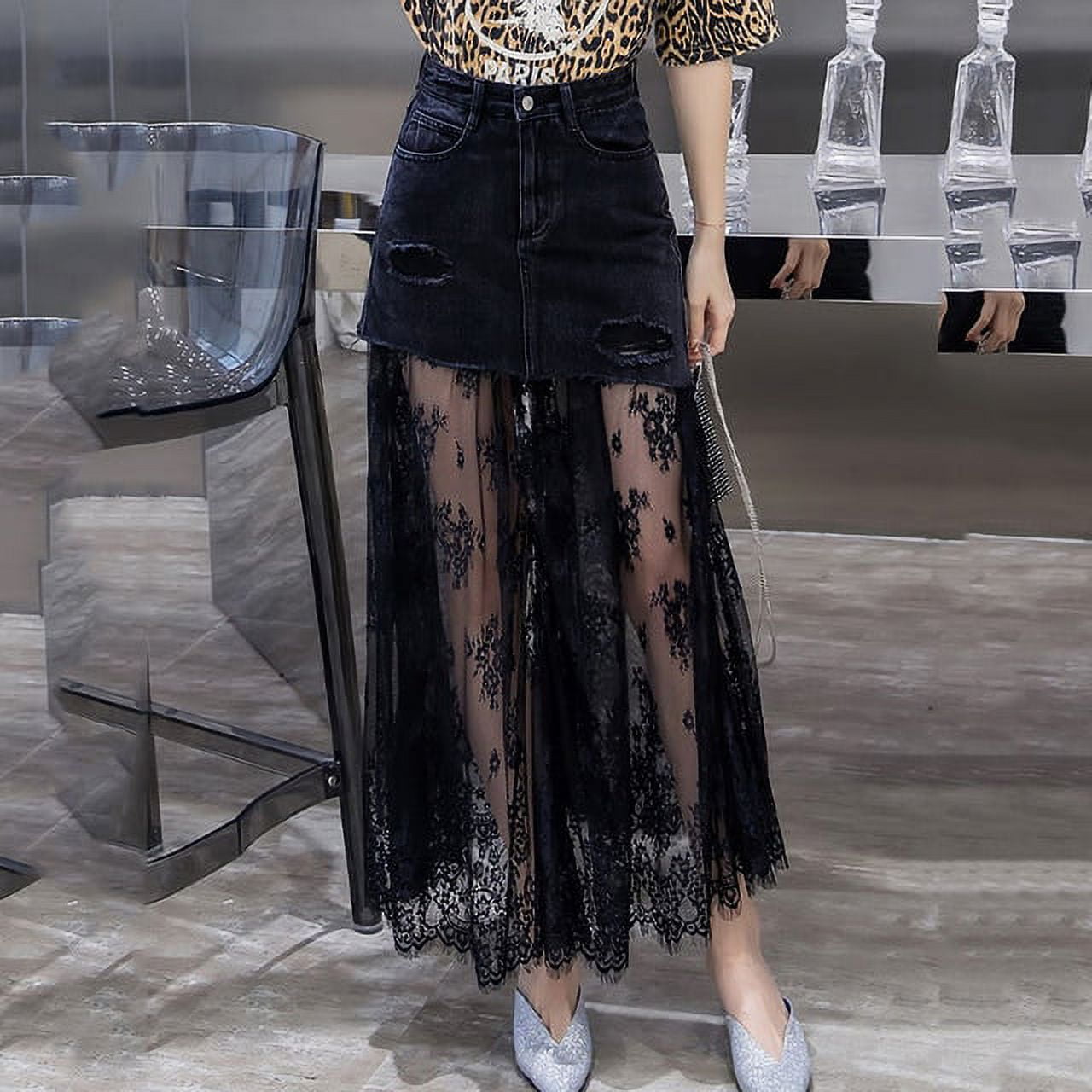 DanceeMangoo Womens Sexy Lace Tulle Skirts Summer Black Gothic