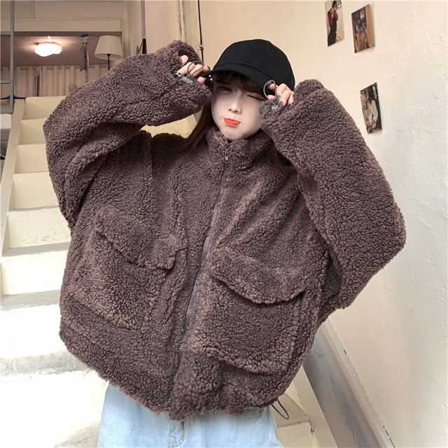 DanceeMangoo Womens Short Teddy Coat Korean Loose Stand Collar Lamb Wool  Jackets Women Winter Solid Long Sleeve Furry Overcoat Top 