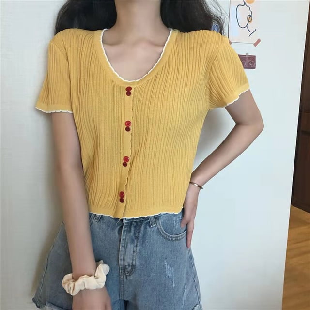 DanceeMangoo Womens Summer Knitted T-shirts Tops Fashion Slim Button V-neck  Short Sleeve Crop Top Women Sweet Basic Casual T Shirt 