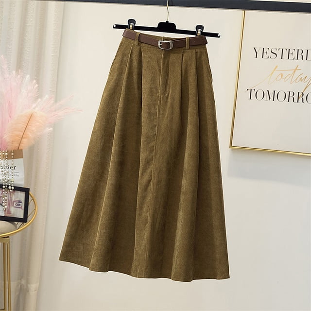 DanceeMangoo Womens Vintage Brown Corduroy Skirts Spring Autumn High ...