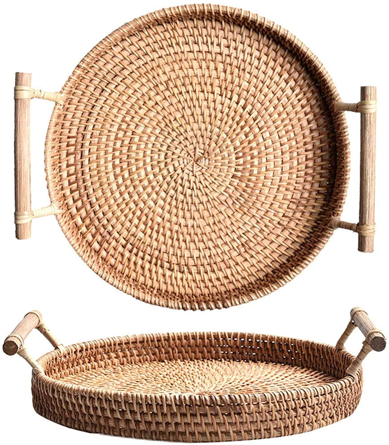 DanceeMangoo Woven Serving Tray, Rattan Round Tray, Wicker Serving