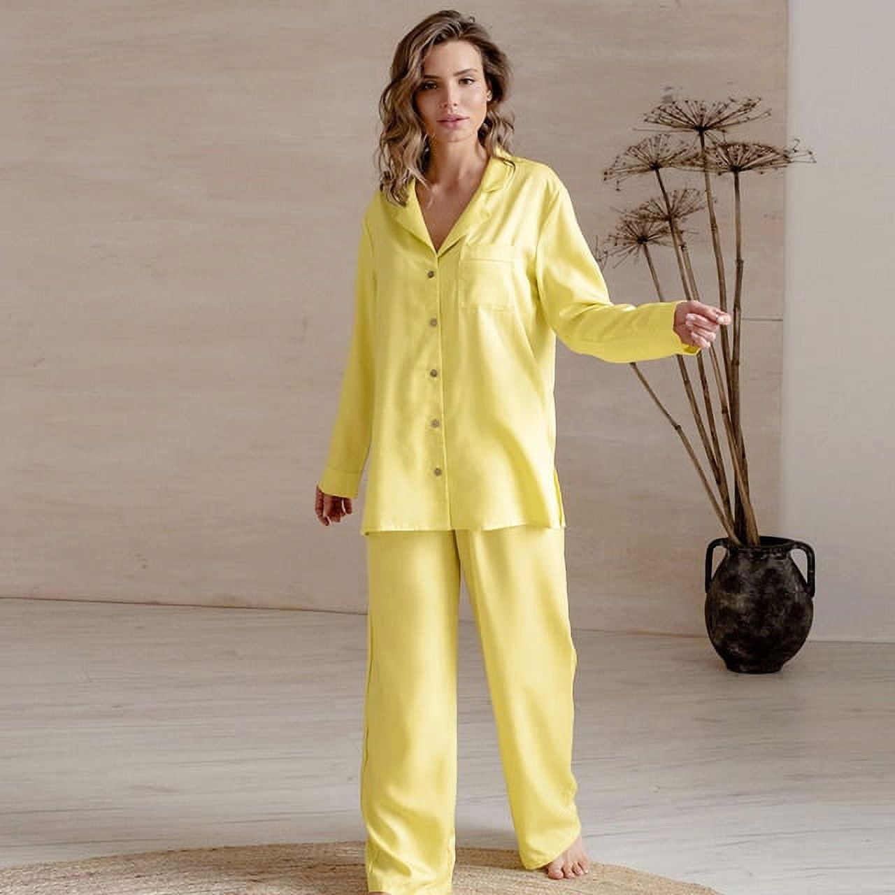 DanceeMangoo Yellow Pajamas For Women Nightwear Single Breasted Trouser Suits Pocket Sleepwear 2 Pieces Female Set Pajama Spring Walmart
