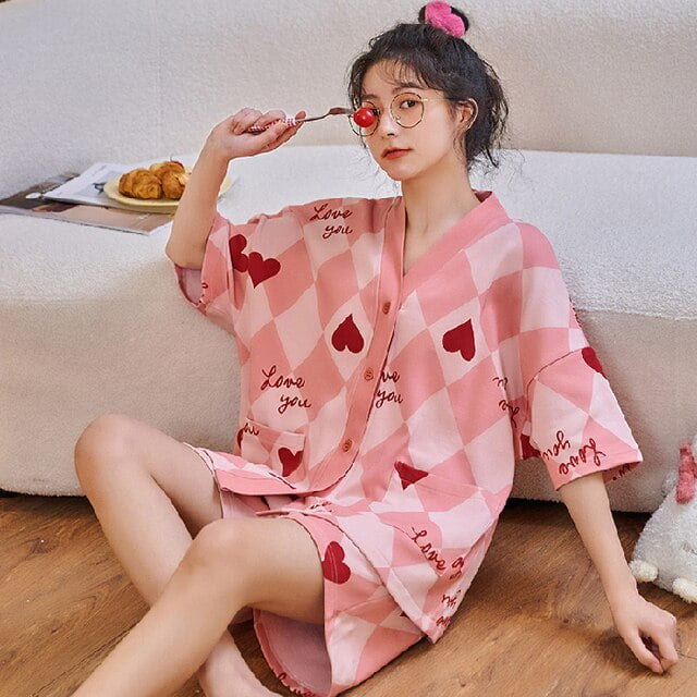 DanceeMangoo womens 2 piece set Pyjamas Cotton Short Tops Set Pink