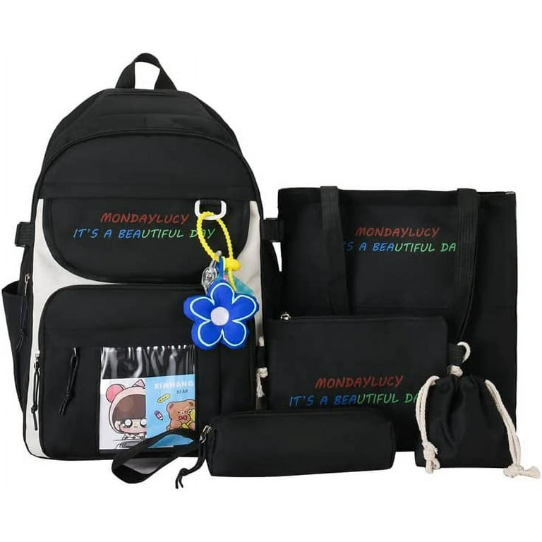 Danceemangoos 4pcs Kawaii Canvas School Backpack with Pendant, Aesthetic Laptop Shoulders Ita Bag, Japanese School Supplies Stationary for Back to