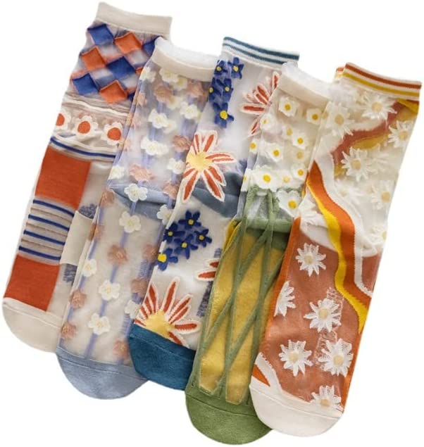 DanceeMangoos 5 Pairs Floral Sheer Socks Women Embroidery Ankle Socks