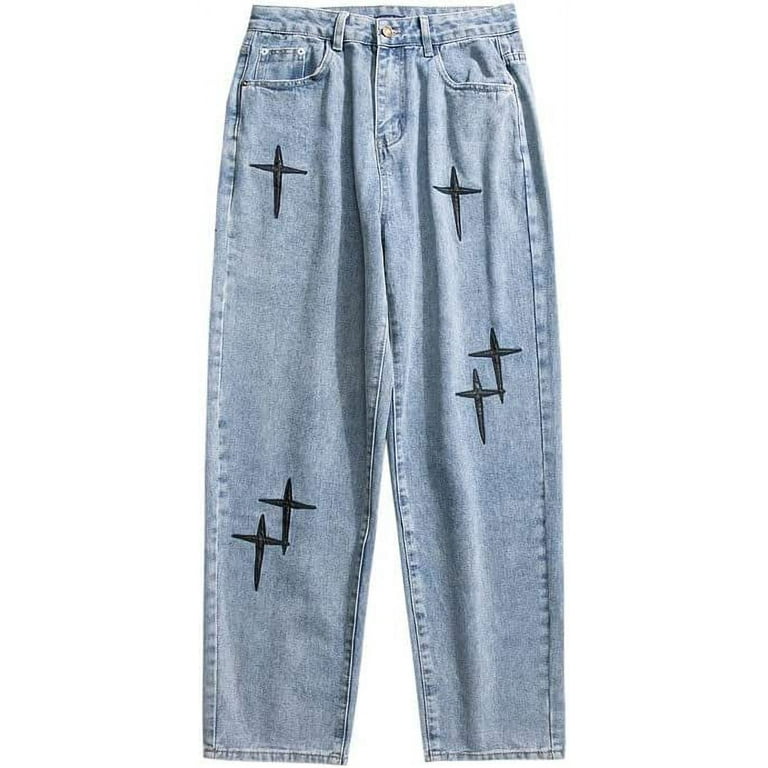 Men's Classic Baggy Jeans Elastic Waist Tie Hip Hop Grunge Embroidery Wide  Leg Denim Pants