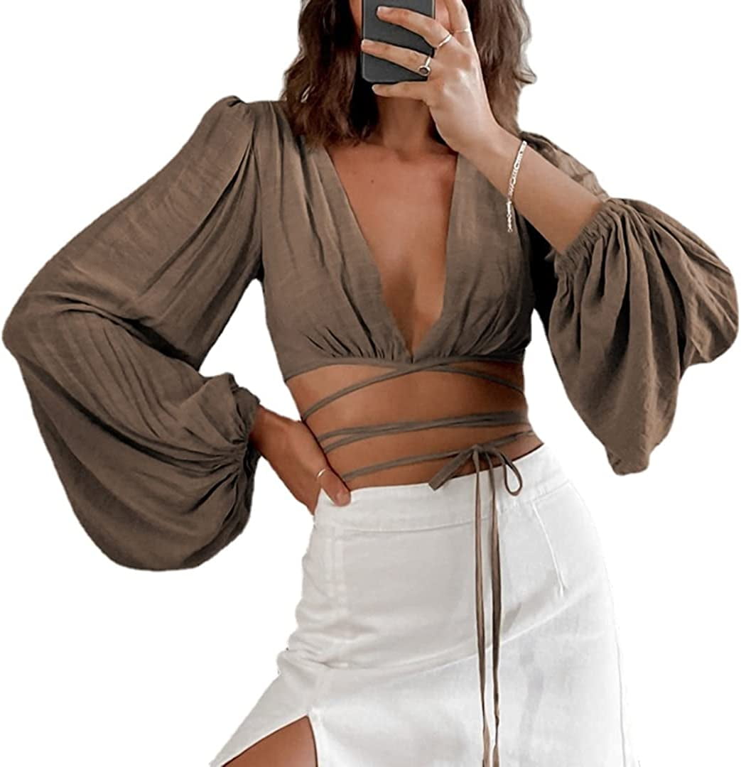 DanceeMangoos Bell Sleeve Tops for Women Dressy Tops for Evening Wear Crop Tops for Women