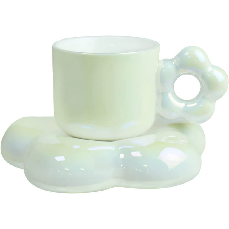 Danceemangoos Ceramic Coffee Mug with Saucer Set, Cute Cup Unique Irregular Saucer Design for Office and Home, Dishwasher and Microwave Safe, 8.5oz/