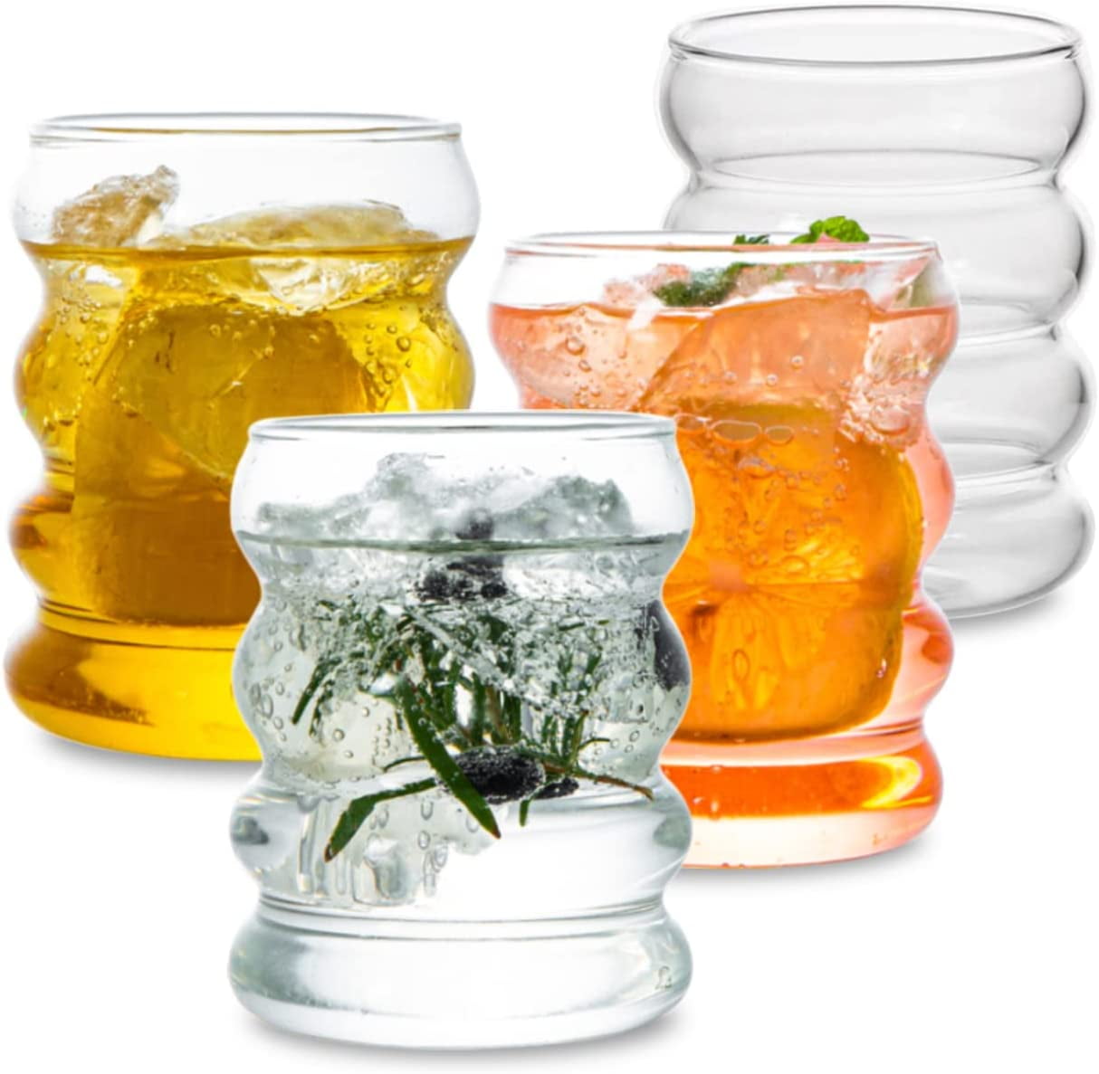 Vintage Art Deco Fluted Drinking Glasses Set of 4, 11 oz Modern Kitchen  Glassware Set | Unique Cups for Weddings, Cocktails or Bar, Ribbed Glass  Cup