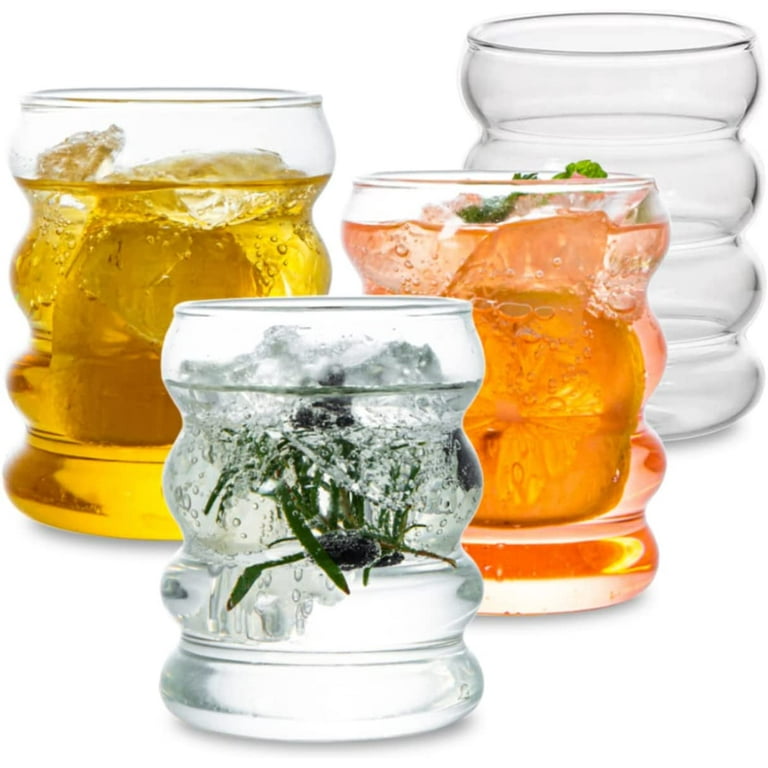 Drinking glass set includes 4 can-shaped old fashioned glasses