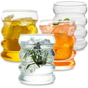 DanceeMangoos Creative Glass Cups Cute Vintage Drinking Glasses of 4 Set, 12 oz Entertainment Dinnerware Ribbed Glassware, Wave Shape Beverage Glasses With Straws, for Kitchen Coffee Juice Beverage