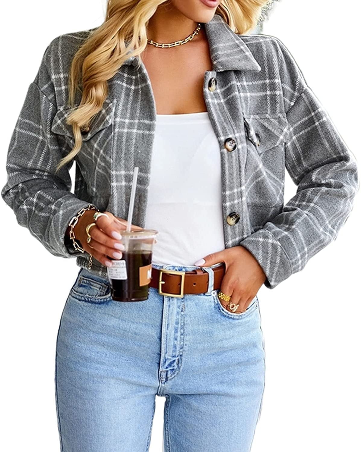 PEHMEA Women's Cropped Plaid Shacket Button Down Crop Flannel Shirt Jacket  at  Women’s Clothing store