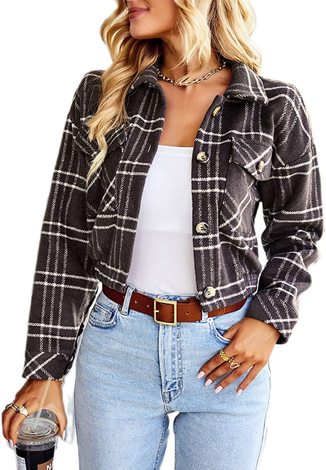 PEHMEA Women's Cropped Plaid Shacket Button Down Crop Flannel Shirt Jacket  at  Women’s Clothing store