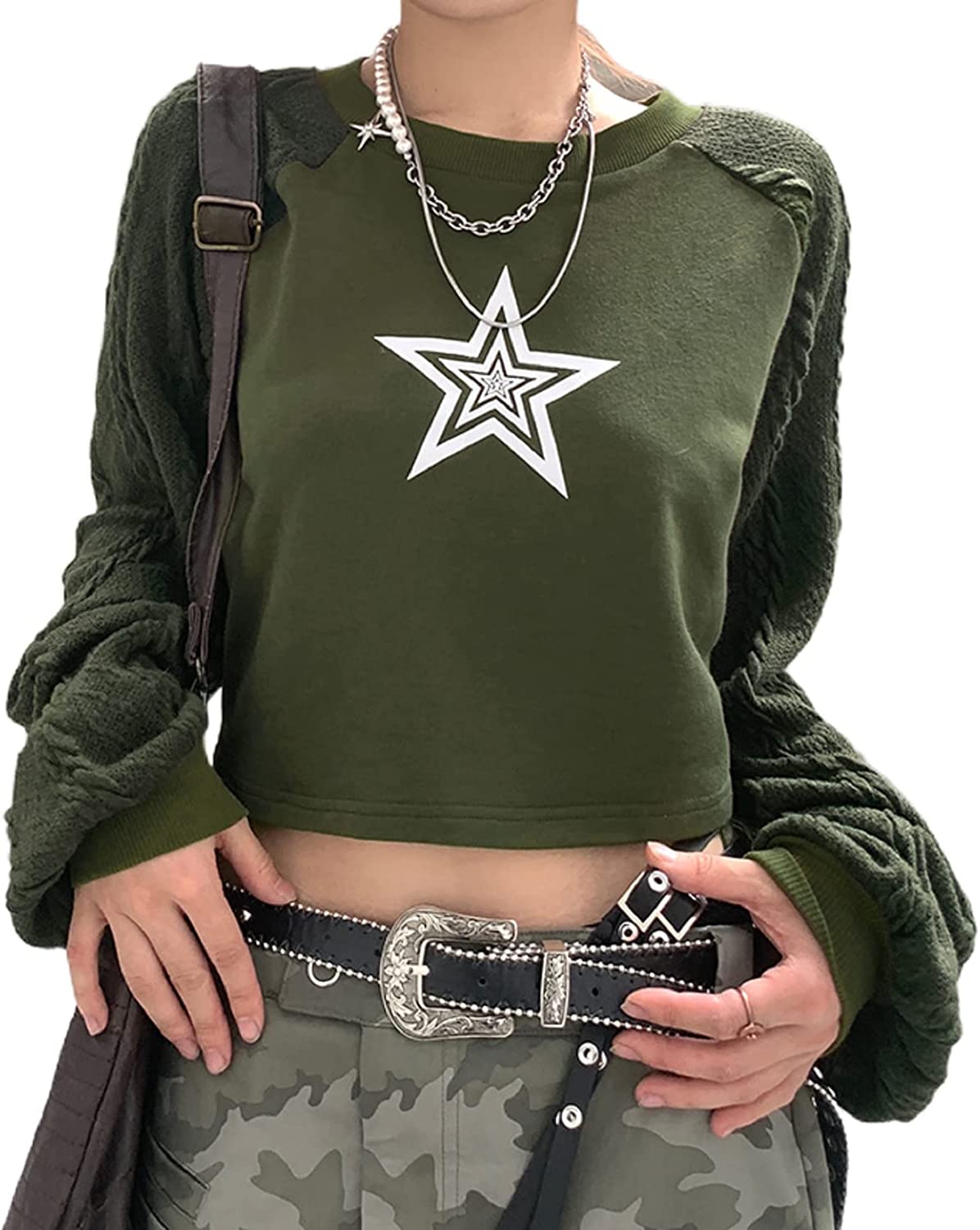 DanceeMangoos Fairy Grunge Clothes Y2k Aesthetic Color Block Patchwork Crop  Tops 90s Trendy Crewneck Shirt Vintage Fall Outfits