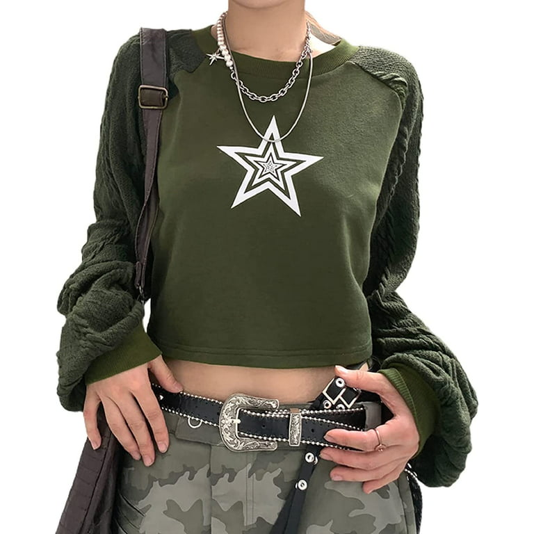 DanceeMangoos Fairy Grunge Clothes Y2k Aesthetic Color Block Patchwork Crop  Tops 90s Trendy Crewneck Shirt Vintage Fall Outfits