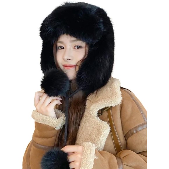 DanceeMangoos Faux Fur Trapper Hat Aviator Hat for Women Furry Warm Ushanka Hat Bucket Cap Winter Russian Hats with Ear Flaps Ski Cap
