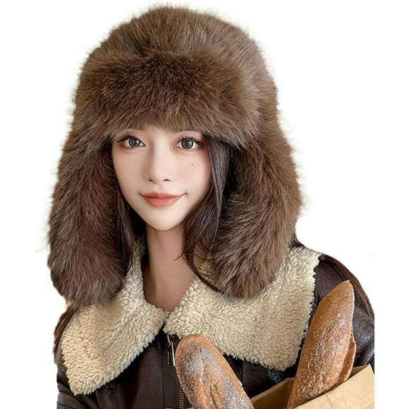 DanceeMangoos Faux Fur Trapper Hat Aviator Hat for Women Men Furry Ushanka Hat Winter Russian Hats Ski Cap with Ear Flaps Warm Hunting Hats