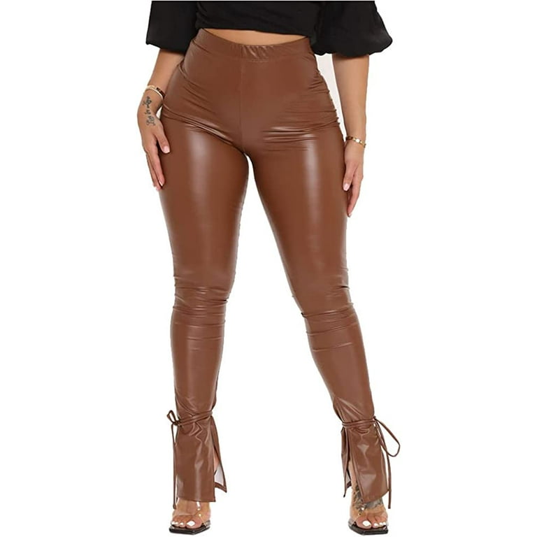 DanceeMangoos Faux Leather Pants for Women High Waist Stretch PU Leather  Leggings Split Skinny Pants Streetwear