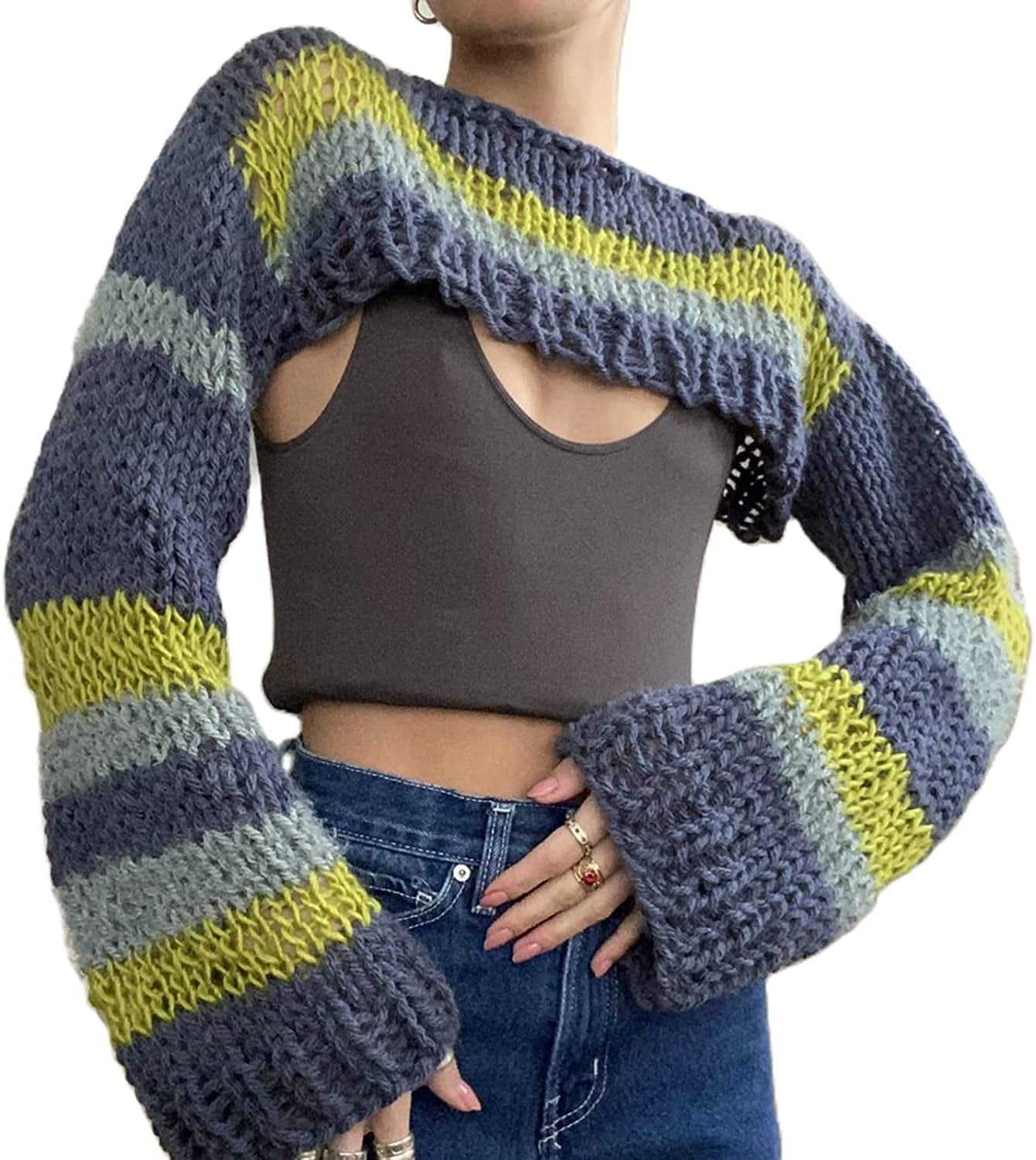 DanceeMangoos Women Shrug Crop Top Long Sleeve Cyber Y2k Knit Mini