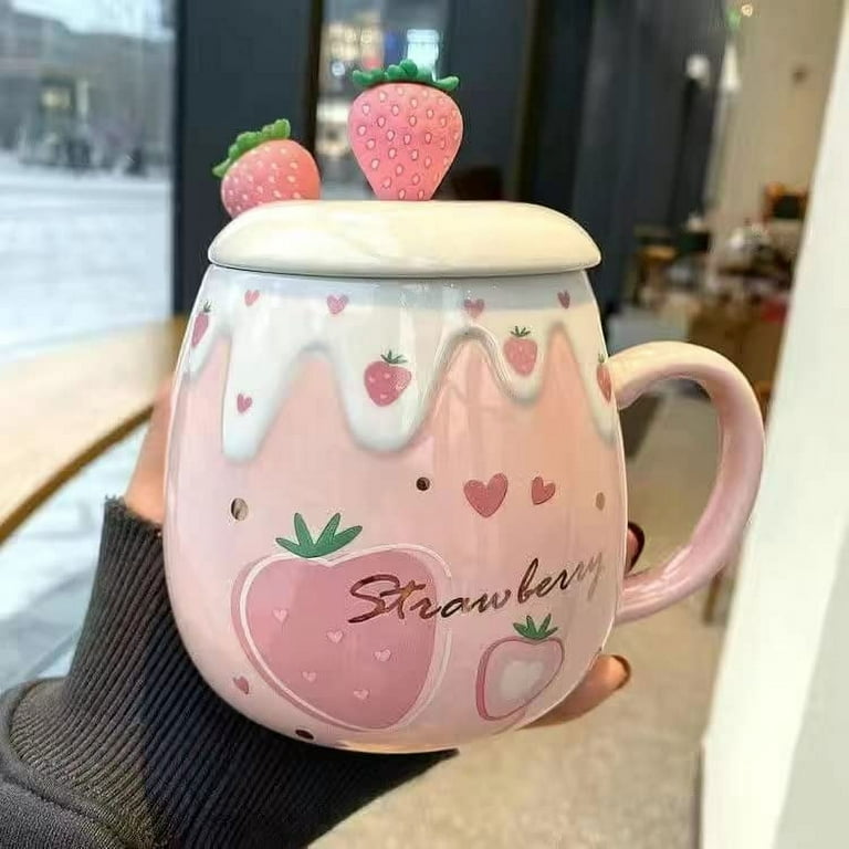 Korean-Style Cute Pink Strawberry Mug with Spoon Lid Large