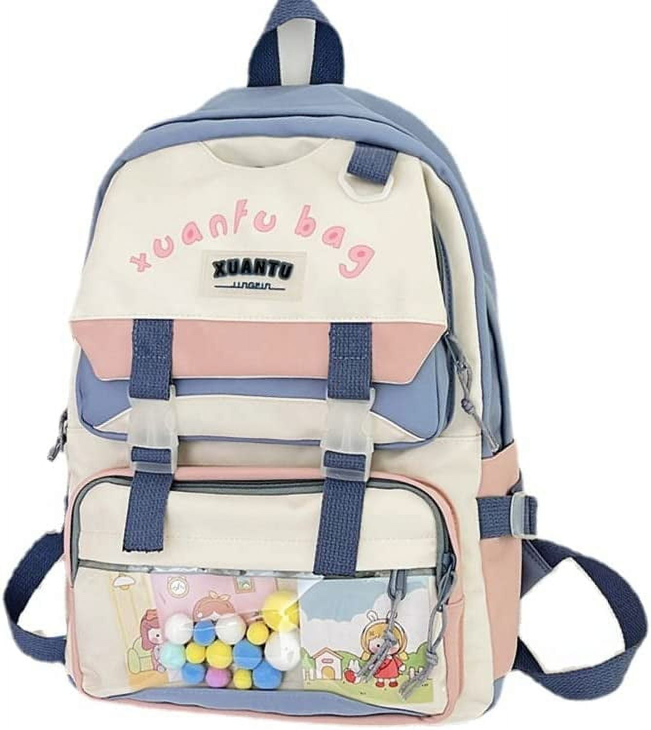 Danceemangoos 4pcs Kawaii Canvas School Backpack with Pendant, Aesthetic Laptop Shoulders Ita Bag, Japanese School Supplies Stationary for Back to