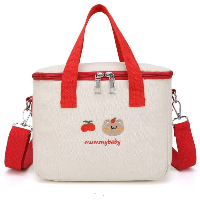 DanceeMangoos Kawaii Lunch Bag Cute Embroidery Lunch Box Large Capacity  Japanese Aesthetic Insulated Tote Bag for Back to School Supplies (Red) 