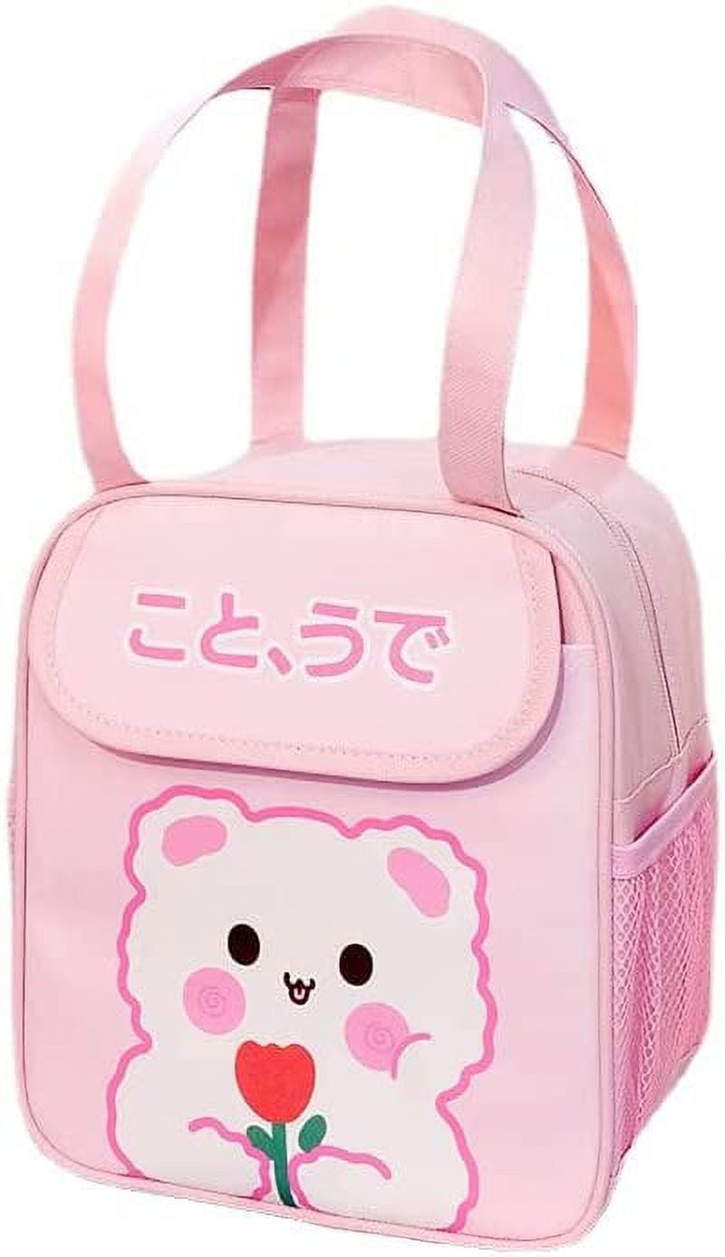 Danceemangoos Kawaii Lunch Bag Cute Embroidery Lunch Box Large Capacity Japanese Aesthetic Insulated Tote Bag for Back to School Supplies (Pink)