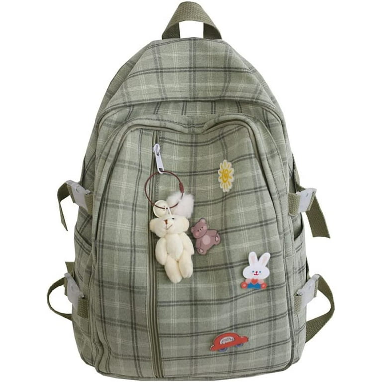 DanceeMangoos Light Academia Aesthetic Backpack with Pins and Plushies  Plaid Preppy Backpack Back to School Backpack Supplies (Sage Green) 