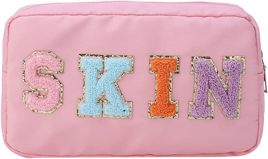 DanceeMangoos Nylon Preppy Makeup Bag Organizer with Chenille Letter