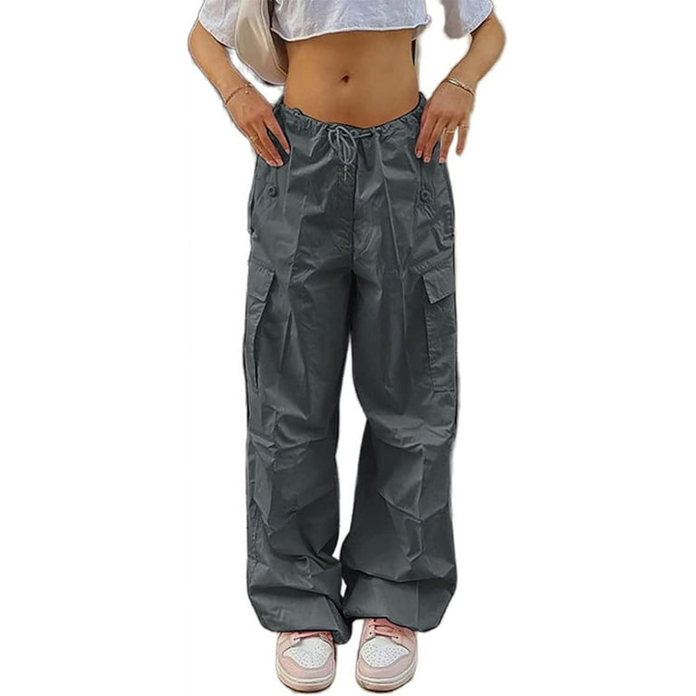DanceeMangoos Parachute Pants for Women Y2k Cargo Pants with Pockets Baggy  Low Waist Drawstring Joggers Hippie Grunge Streetwear 