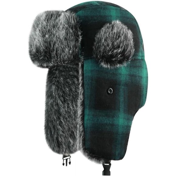 DanceeMangoos Plaid Trapper Hat Winter Hats for Men Women Thick Warm Russian Ushanka Hat Faux Fur Lined Trapper Hat Ski Hats with Ear Flaps