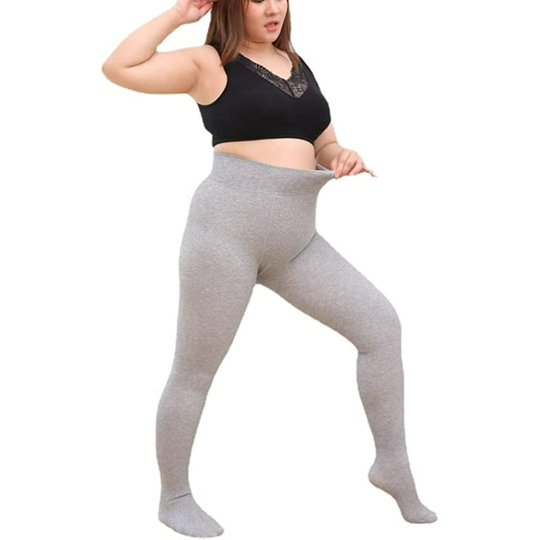 DanceeMangoos Plus Size Fleece Lined Tights Women Warm Winter Thick Opaque  Knitted Pantyhose Slim Stretchy Leggings (Light Grey,300g)