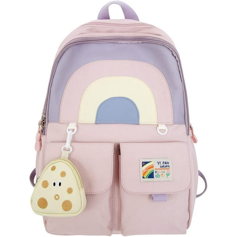 Danceemangoos Rainbow Backpack with Purse for School Cute Cartoon Preppy Backpack Teen Girls Book Bags Back to School Supplies (White)