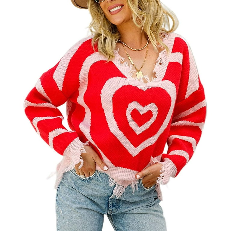 DanceeMangoos Women Cute Heart Print Frayed Sweater Colorful Y2K