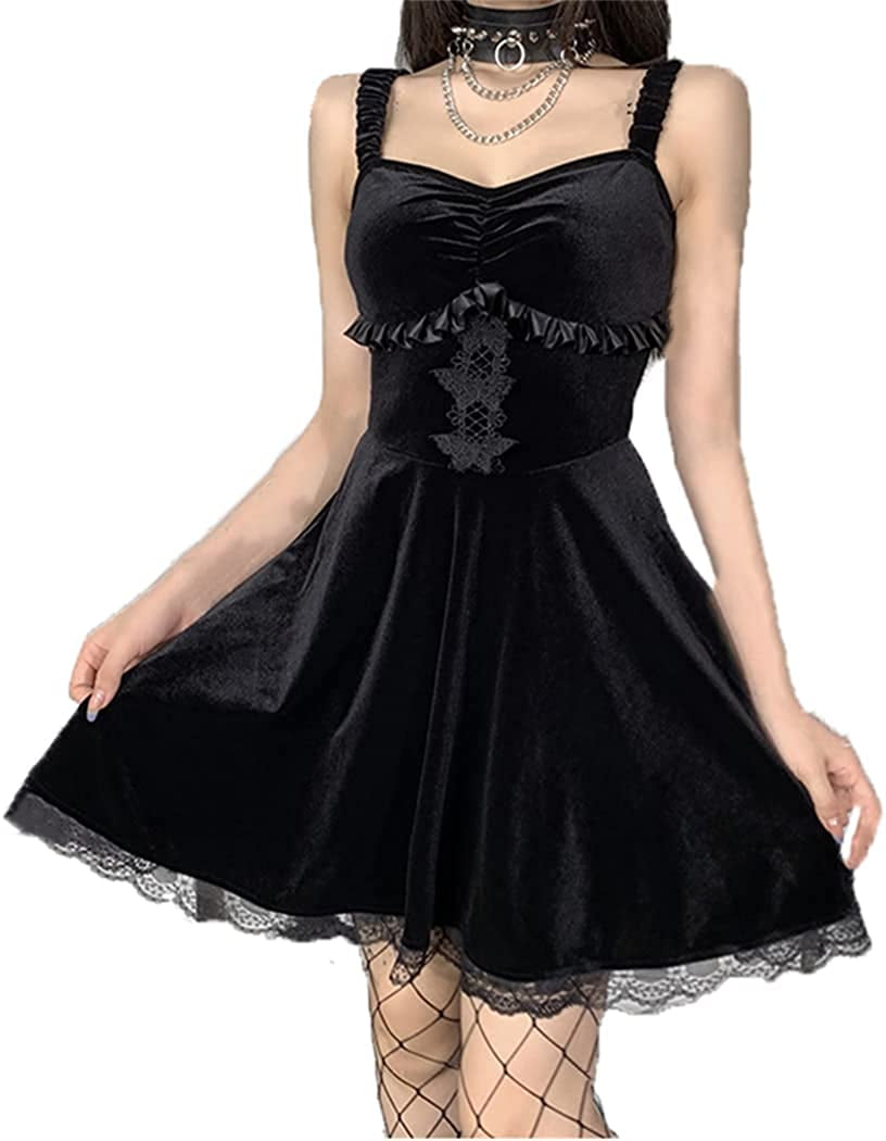 DanceeMangoos Women Gothic Punk Mini Dress Y2K Emo Alt Grunge Fairycore  Aesthetic Clothing 