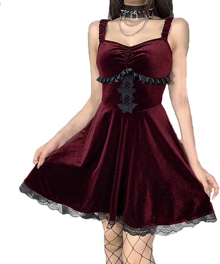 Women Girls Emo Goth Dress Alt Aesthetic Punk Lace Velvet Lolita Dress  Fairy Grunge Clothes