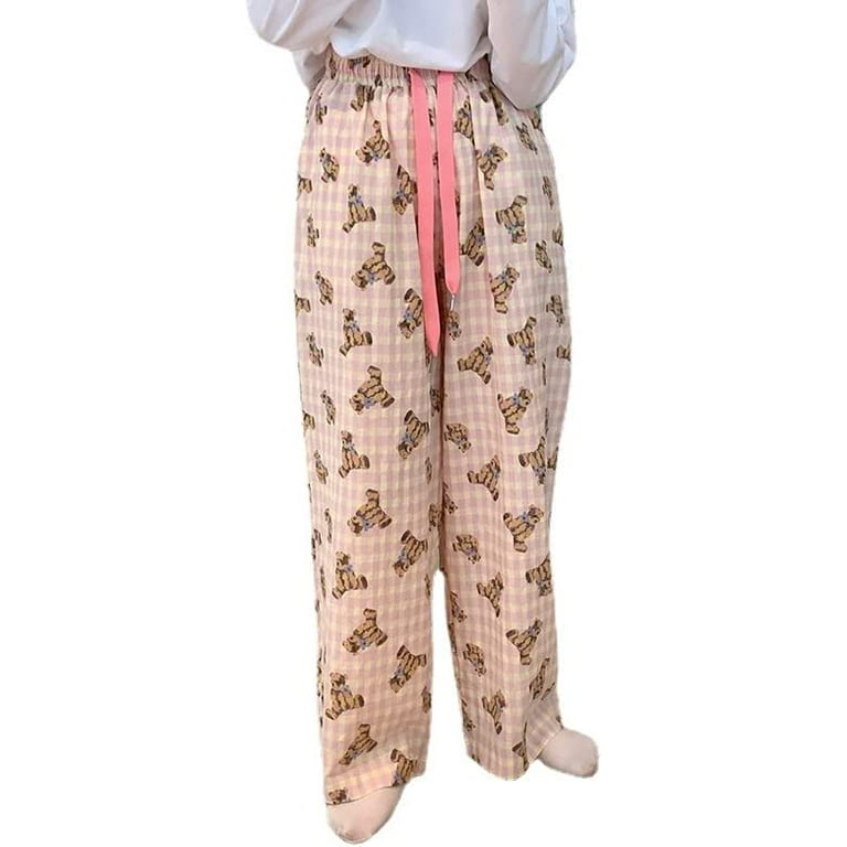 DanceeMangoos Women Japanese Kawaii Pajama Pants Cutecore Preppy Bear Print  Loose Casual Pants Aesthetic Alt Home Wide Leg Pants