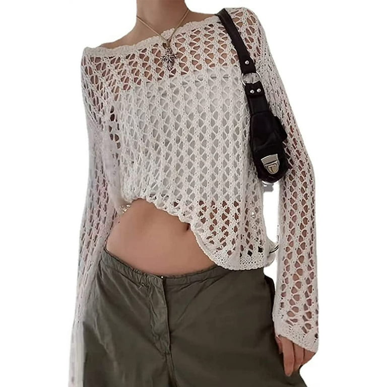 DanceeMangoos Women Knit Crochet Hollow Out Fishnet Top Long Sleeve See  Through Mesh Shirt Sexy Club Streetwear