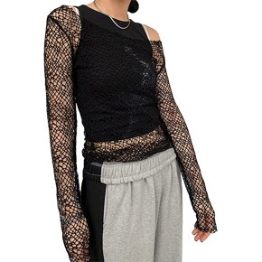 Nihsatin Women's Fishnet Mesh Crop Top - Long Sleeve, See-Through Clubwear, Polyester Spandex
