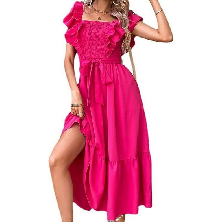 DanceeMangoos Women Shirred Midi Dress Hot Pink Ruffle Strap High Waist  Long Cami Dresses 