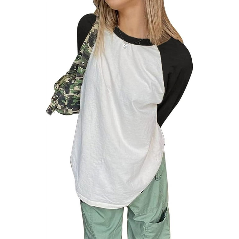 DanceeMangoos Women Star Shirt Y2k Tops Vintage Aesthetic Patchwork Long  Sleeve Tee Shirts 90s Grunge Clothes