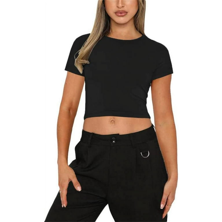 DanceeMangoos Women Y2K Skim Dupes Sexy Short Sleeve Tops Solid Slim Fitted  Top Shirt Basic Crew Neck Going Out Shirt Streetwear 