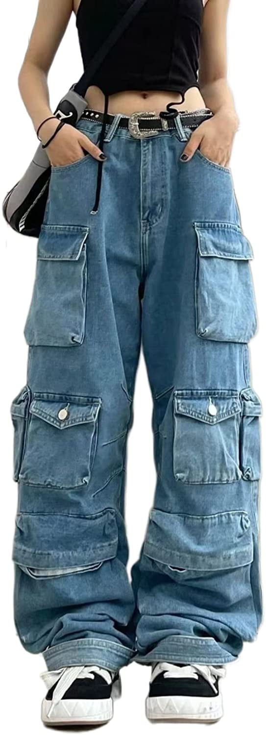 Y2k Baggy Cargo DenimPants for Mens Wide Straight Leg Punk Grunge