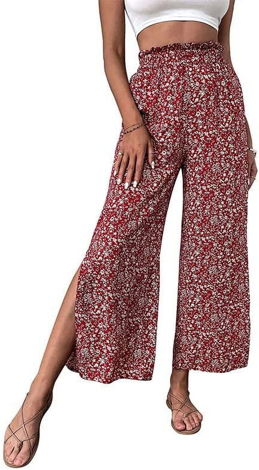 DanceeMangoos Women s Boho Floral Print Wide Leg Flowy Pants High Waisted Palazzo Pants with Pockets Walmart