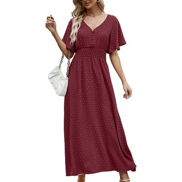 DanceeMangoos Women's Casual V-Neck Chiffon Dresses Ruffle Short Sleeve High Waisted Maxi Dresses Solid Color Button Down Dresses