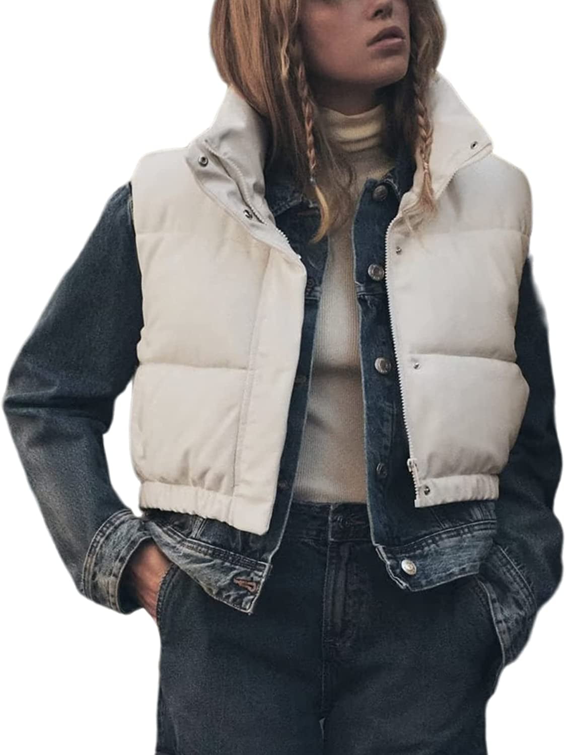 Yidarer Women's Faux Leather Cropped Puffer Vest Zip Up Padded Gilet Warm  Outerwear(White-XS) - ShopStyle
